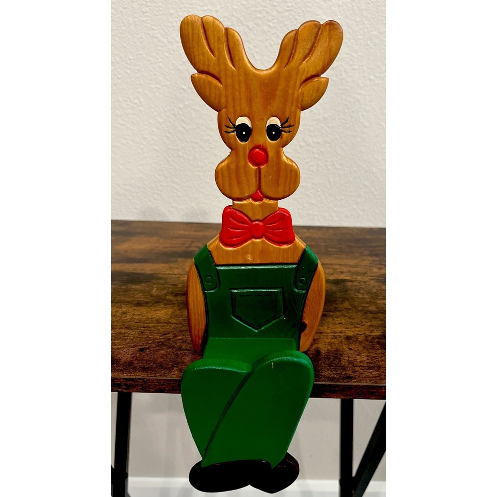 Vintage Country Christmas Wood Shelf Sitter Rudolph Reindeer Hand Painted